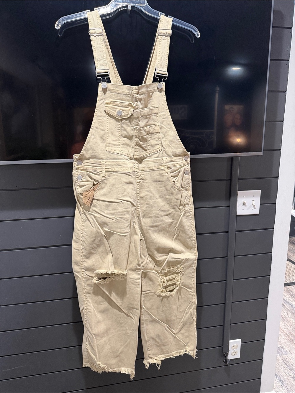 Beige Distressed Denim Overalls Jumpsuit - Casual Women's Romper